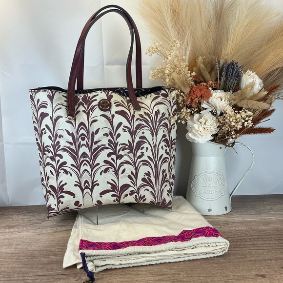 Tory Burch Kerrington Wonderland Burgundy Cream Tote Hand Shoulder Bag - Picture 6 of 17
